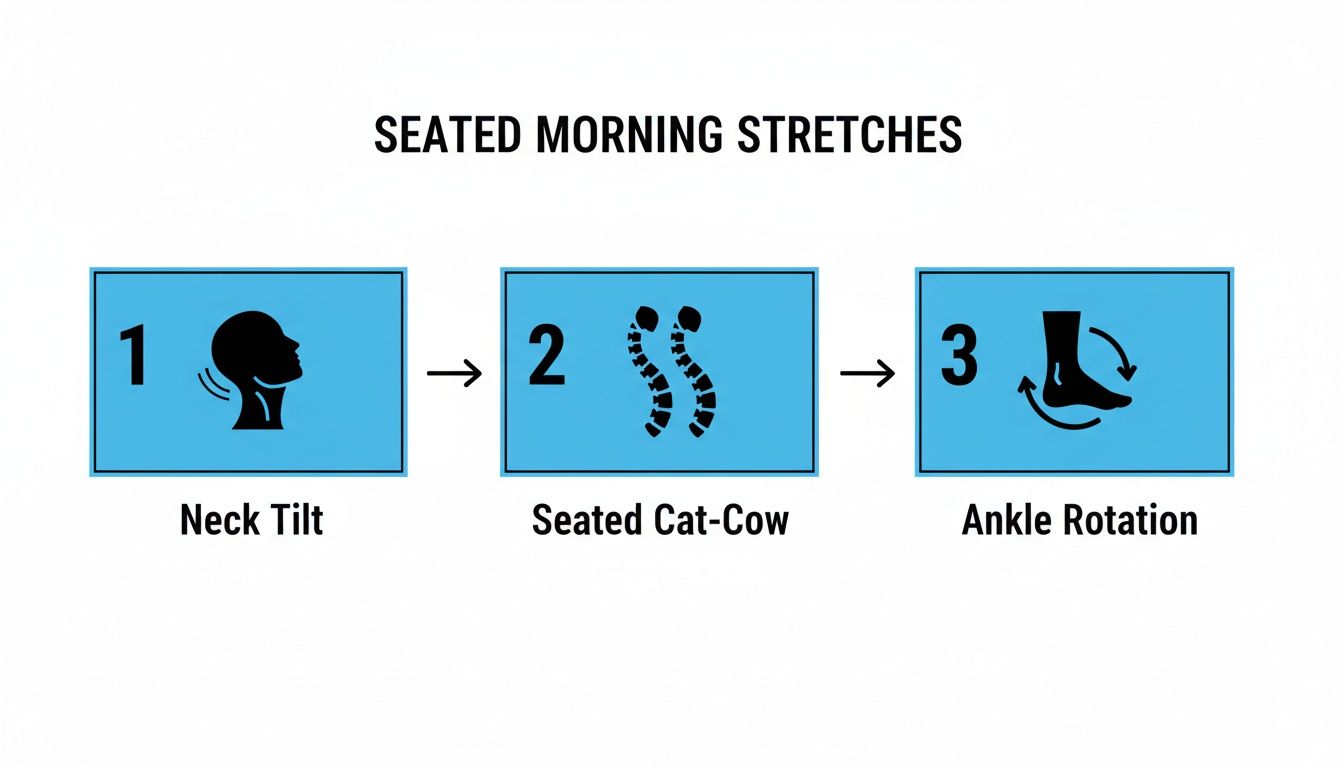 An infographic illustrating three seated morning stretches: neck tilt, seated cat-cow, and ankle rotation.