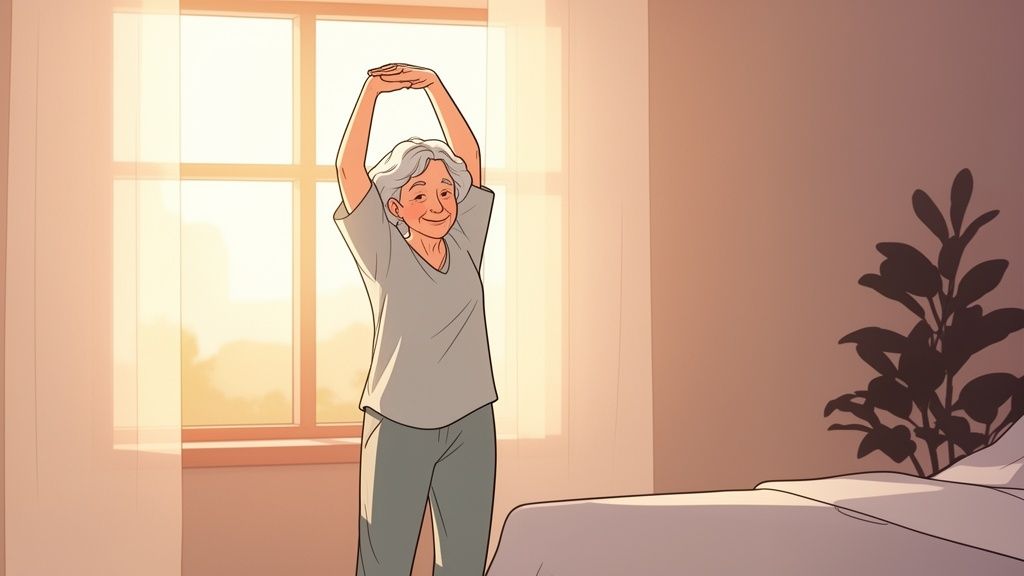 A smiling senior woman with grey hair stretches in a sunlit bedroom, performing morning exercises.