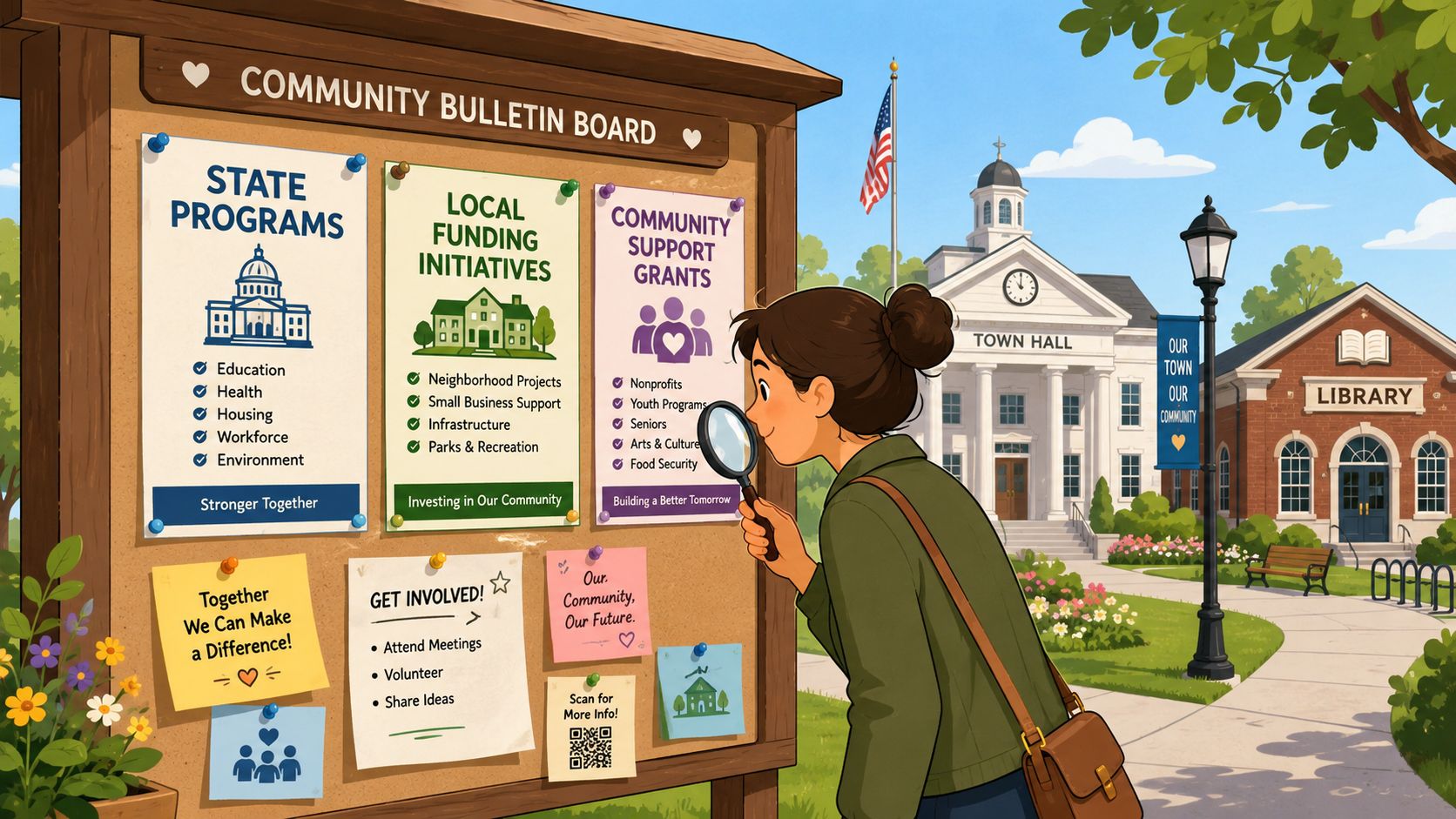 A woman examining a community bulletin board about local programs, grants, and civic engagement opportunities.