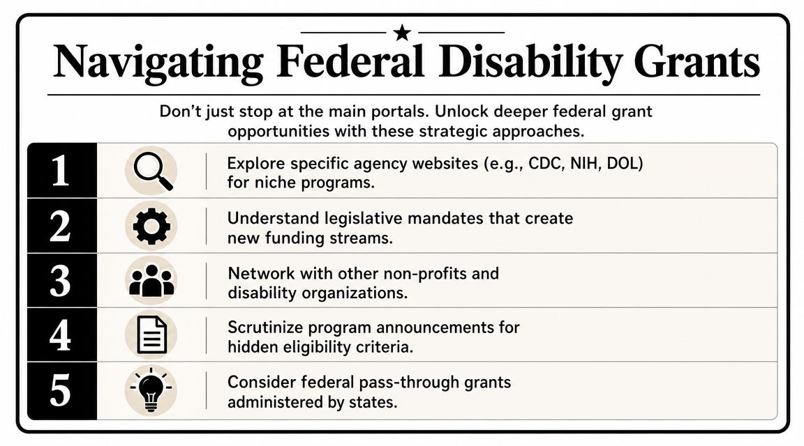 A list of five strategic approaches for nonprofits to navigate and secure federal disability grant opportunities.
