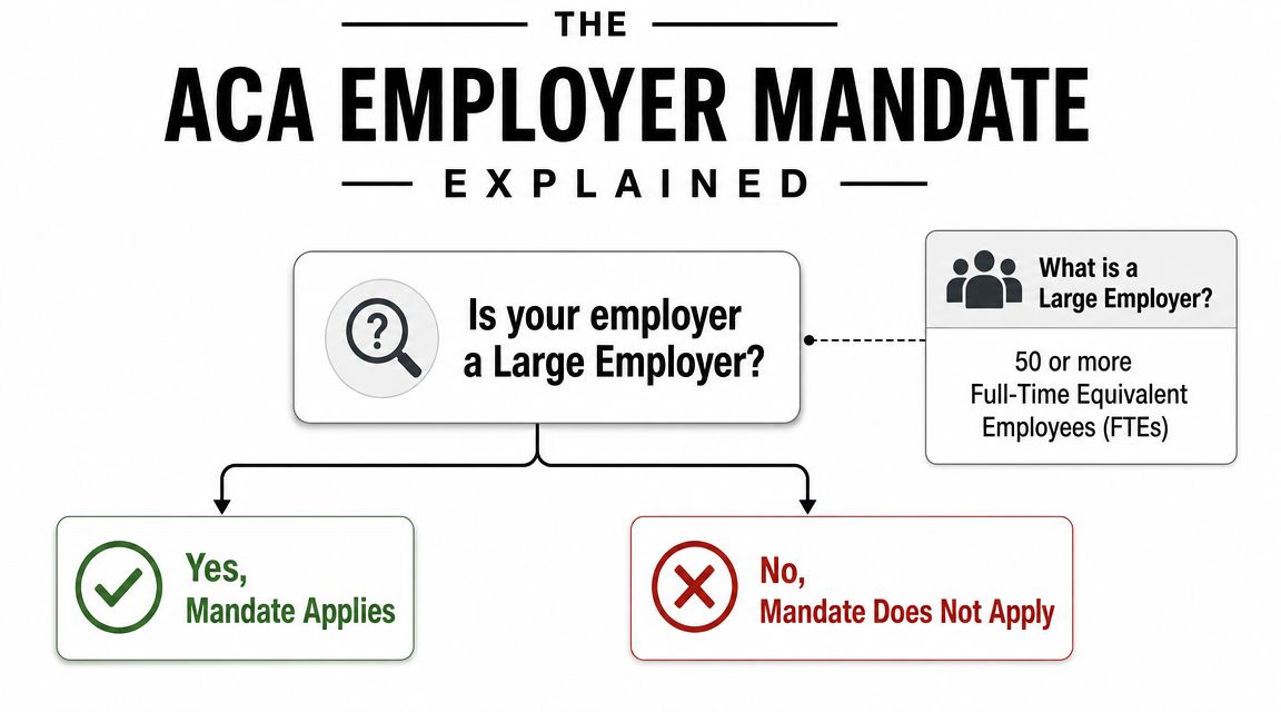 A flowchart explaining the ACA employer mandate based on whether a company is a large employer.