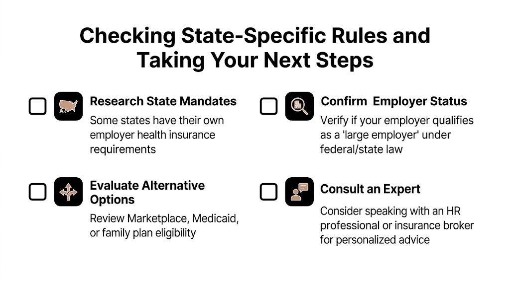 A checklist titled Checking State-Specific Rules and Taking Your Next Steps for employer health insurance.