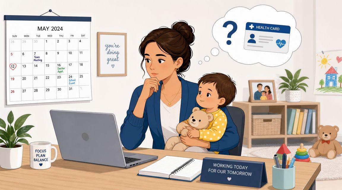 A mother holding her toddler while thinking about health insurance during a busy workday at home.