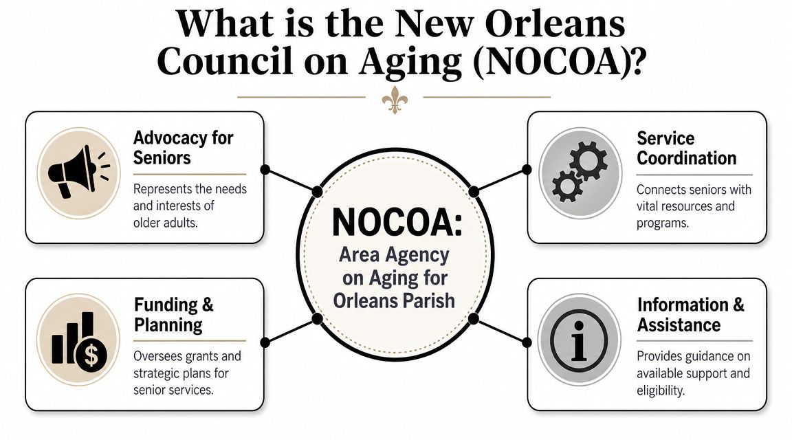A diagram describing the services of the New Orleans Council on Aging for seniors in Orleans Parish.