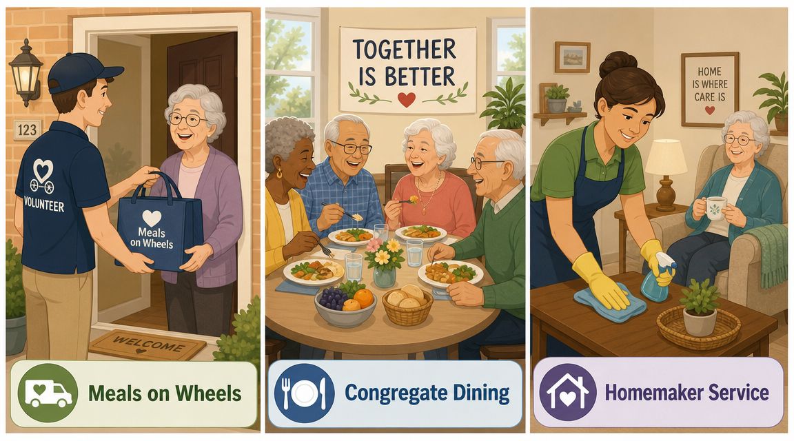 Three illustrations depicting senior care services including Meals on Wheels delivery, congregate group dining, and homemaker house cleaning.