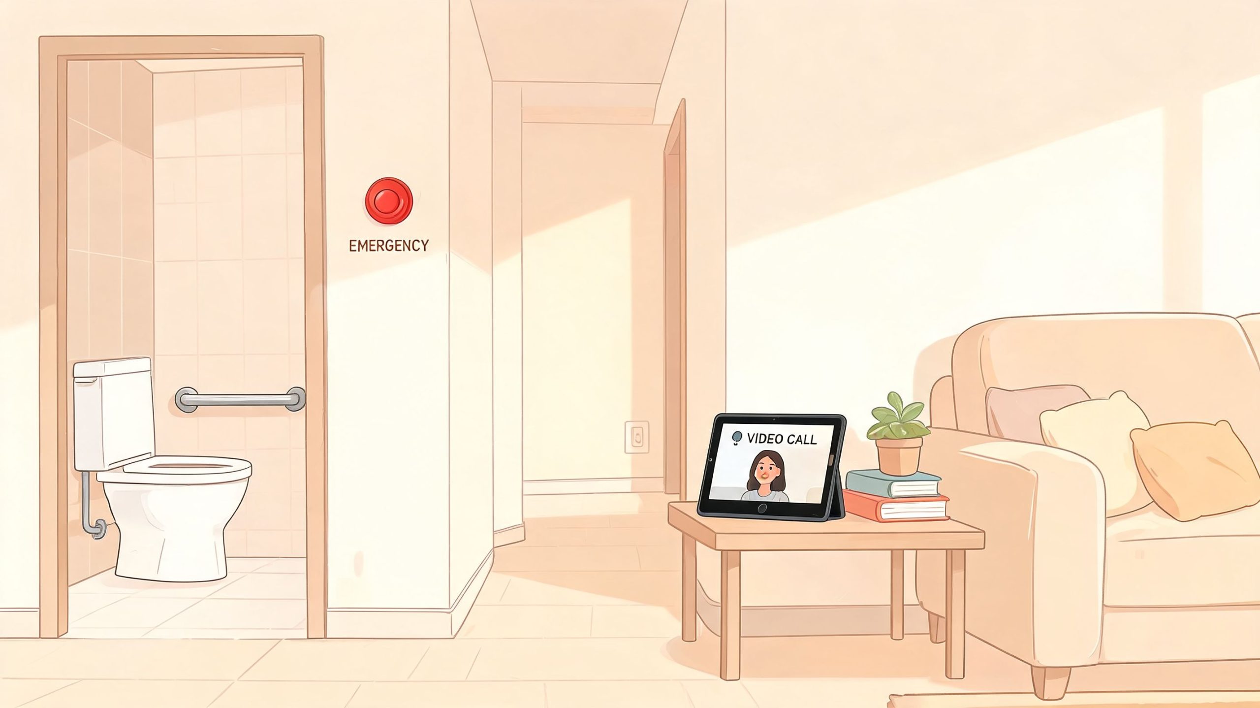 A cozy living room interior featuring an accessible bathroom with an emergency button and a digital tablet video call.