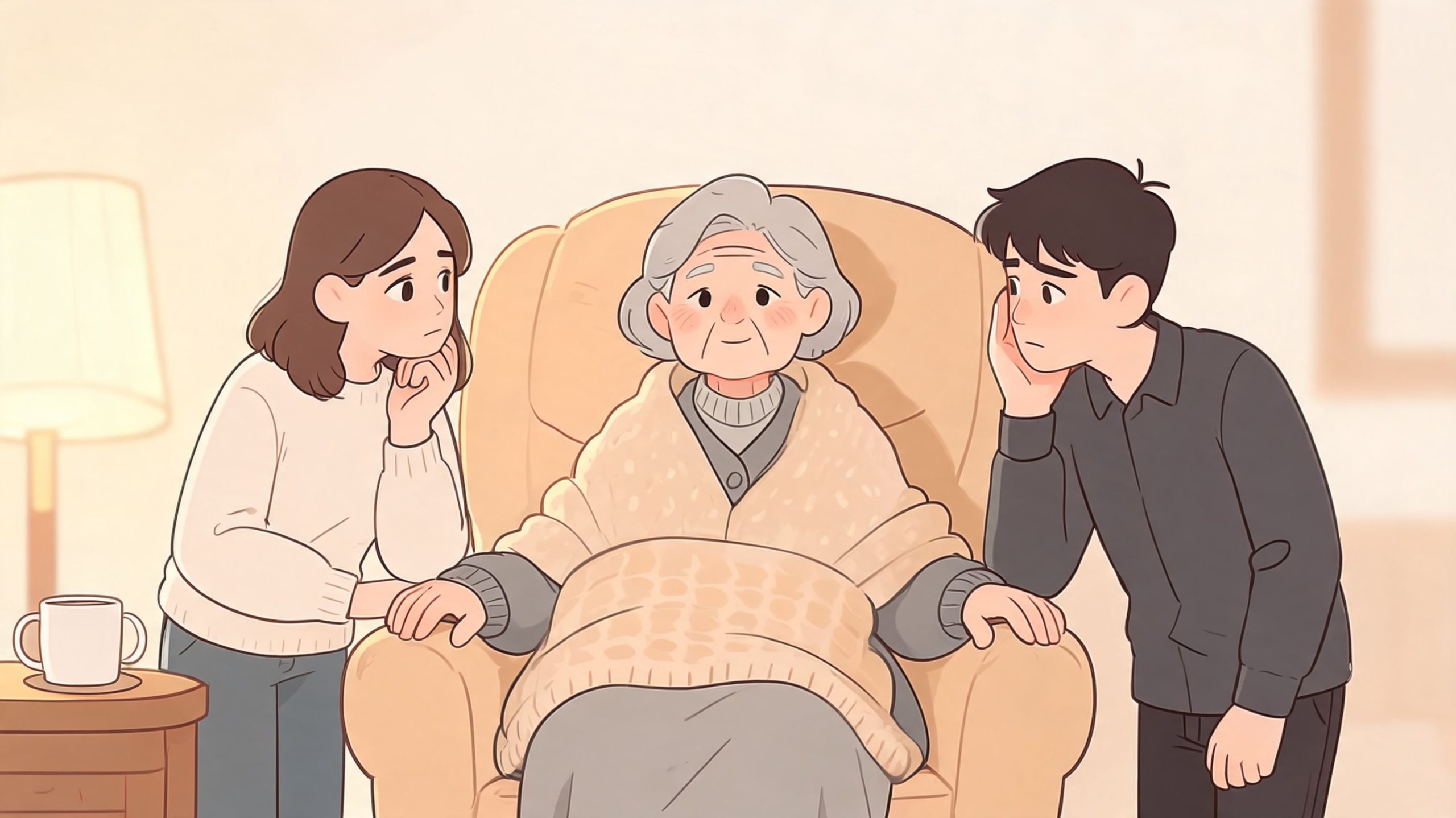 A young woman and man standing beside an elderly woman resting in a comfortable armchair at home.
