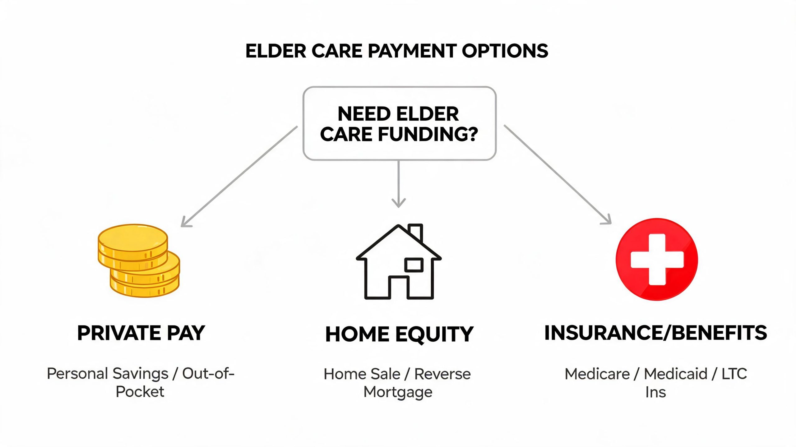 A flowchart infographic outlining elder care payment options including private pay, home equity, and insurance benefits.
