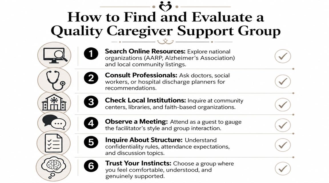 A helpful six-step guide for finding and evaluating high-quality support groups for elderly parent caregivers.
