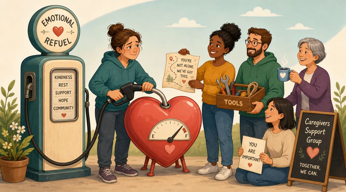 A diverse group of people providing emotional support and caregiving tools to a giant heart-shaped fuel gauge.