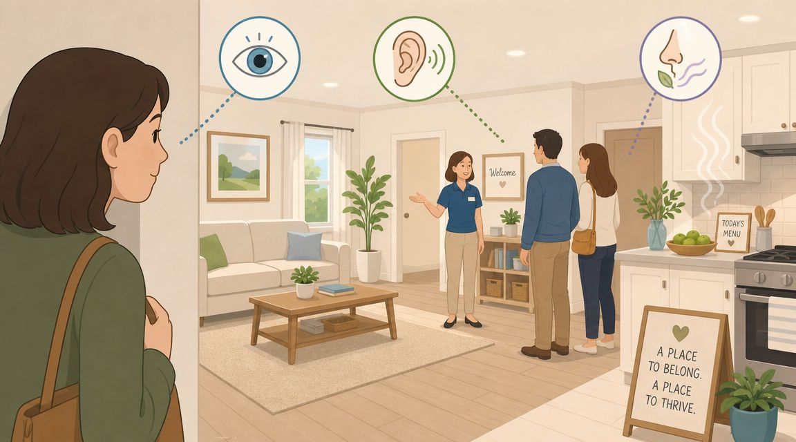 A person viewing a guided tour of a group home, emphasizing sight, hearing, and the smell of cooking.