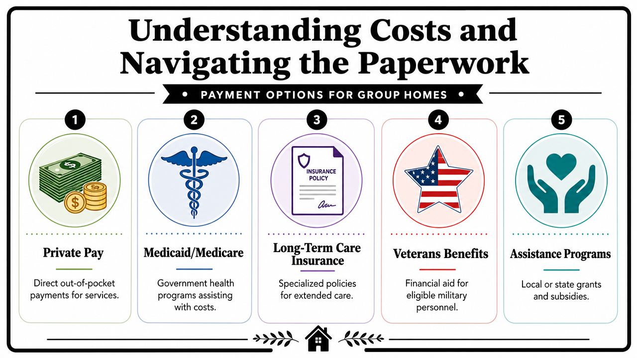 An infographic showing five common payment options for group homes, including insurance, government programs, and assistance.