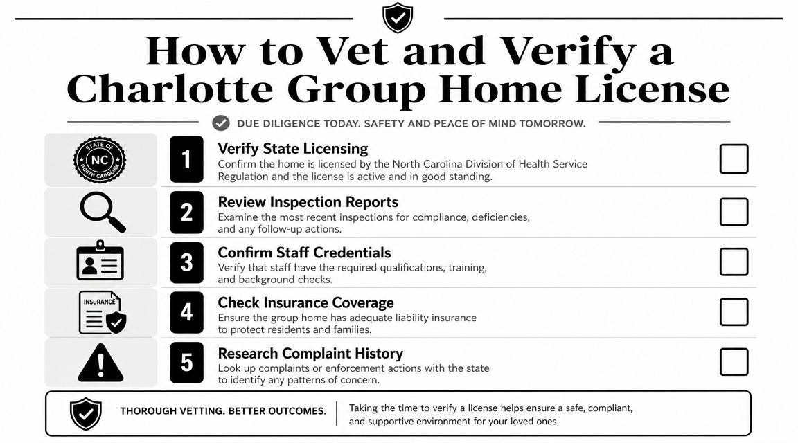 A checklist infographic titled How to Vet and Verify a Charlotte Group Home License for families.