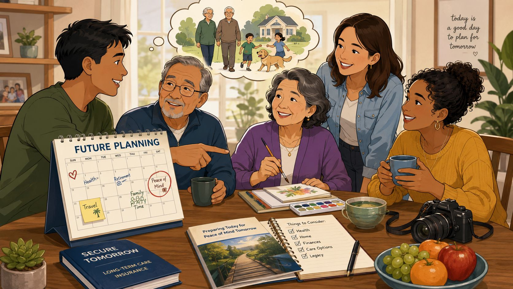 A multi-generational family sitting at a table together while planning their future and retirement goals.