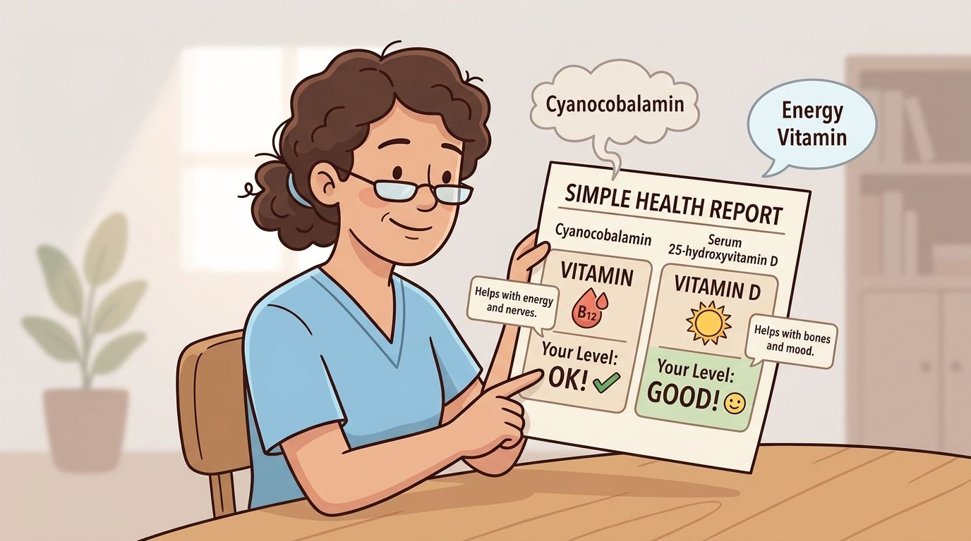 A professional doctor points at a health report showing optimal levels for Vitamin B12 and Vitamin D.