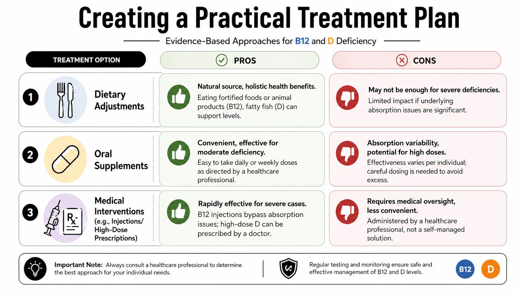 A chart outlining three treatment options for Vitamin B12 and Vitamin D deficiency including dietary adjustments, supplements, and medical interventions.