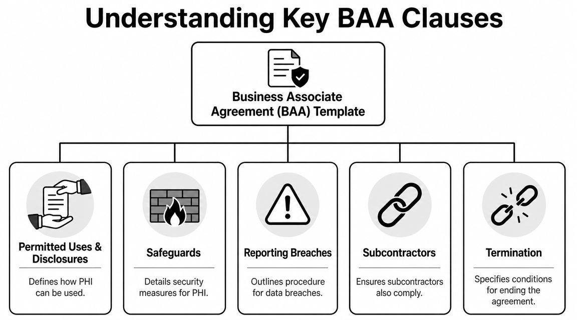 A diagram outlining the five key clauses to include in a Business Associate Agreement template for compliance.