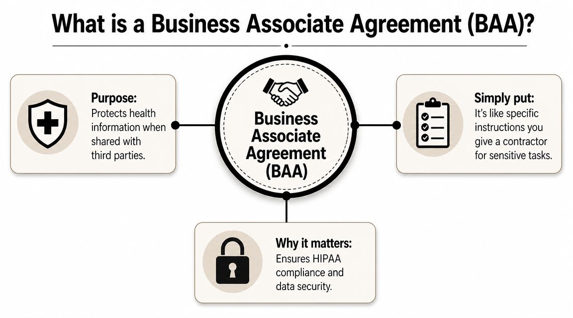 An infographic explaining a Business Associate Agreement, highlighting its purpose, importance, and definition for HIPAA compliance.