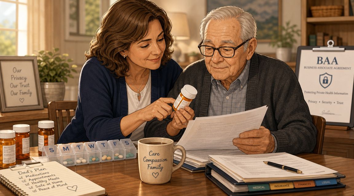 A caring woman helping her elderly father review medical paperwork and medication in a home setting.