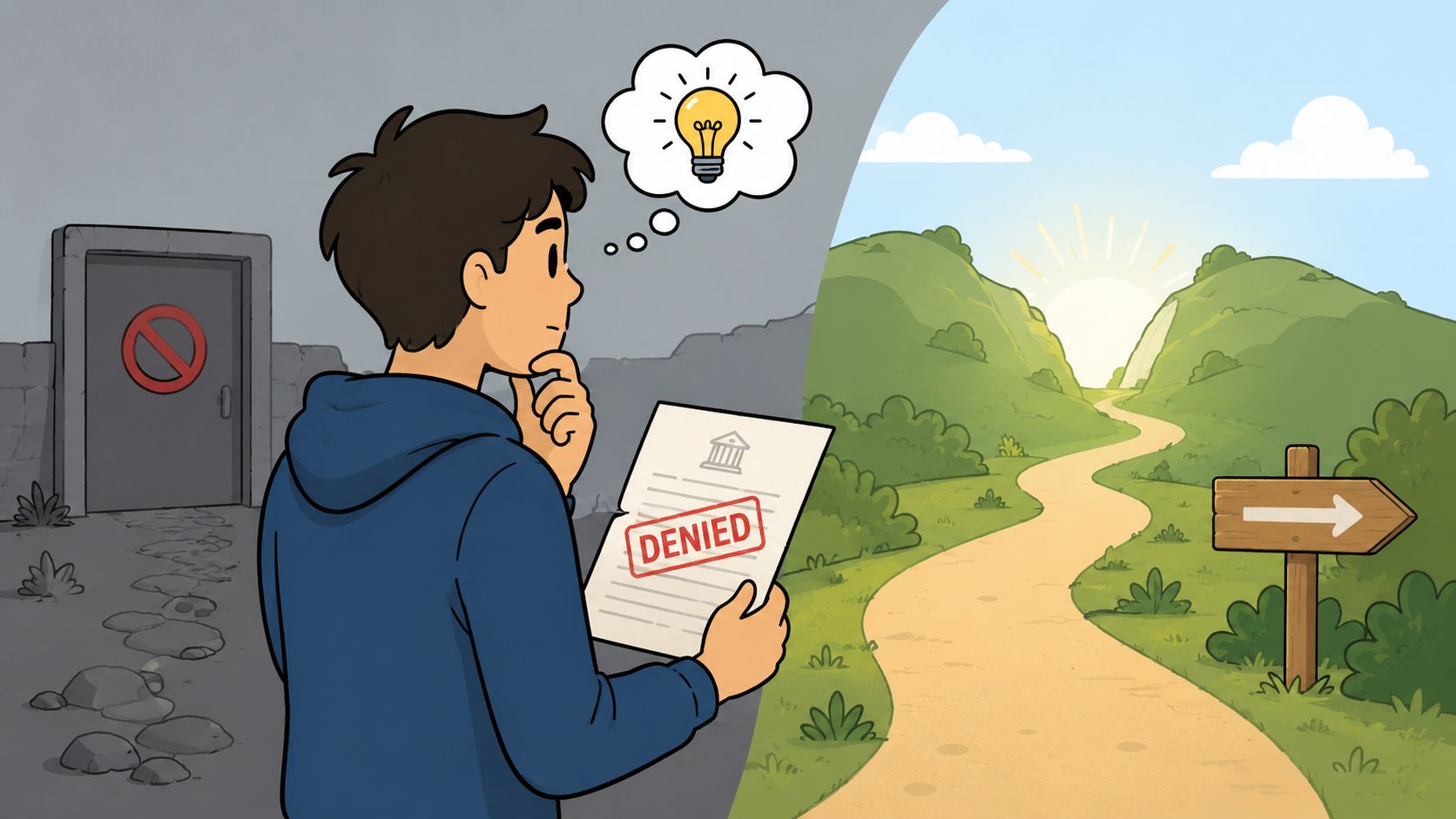 A person holding a denied document considers a new path while standing before a bright landscape.