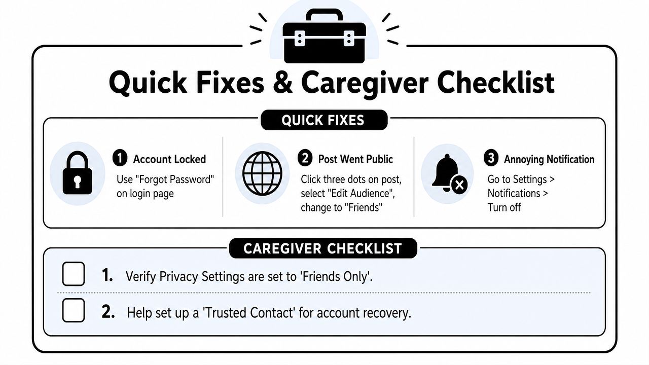 An infographic titled Quick Fixes and Caregiver Checklist providing simple tips for managing social media accounts.