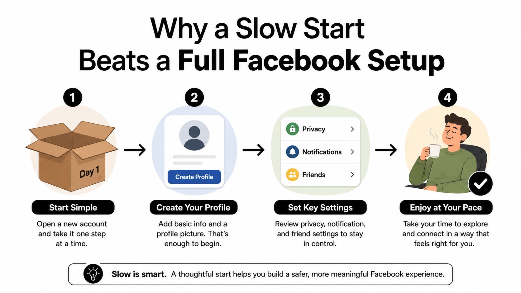 An infographic showing a four-step guide on how to start a new Facebook account at your own pace.