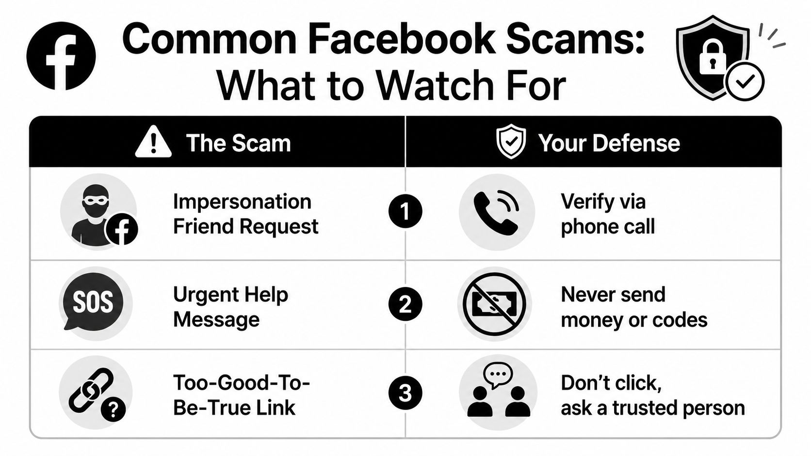 An infographic detailing common Facebook scams and defense strategies for protecting your personal account security.