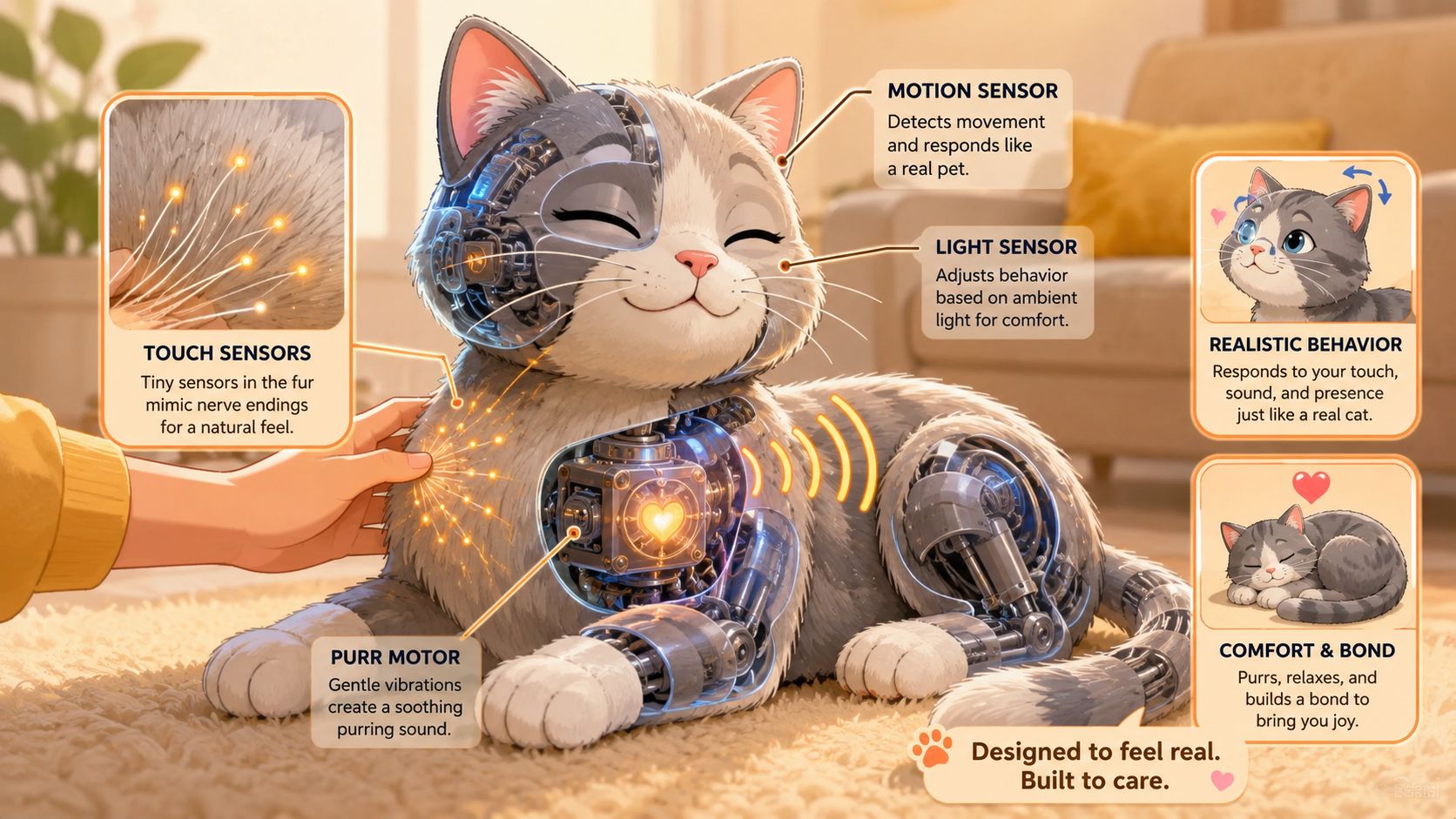A diagram of a robotic cat showing internal sensors and motors that mimic real pet behaviors.